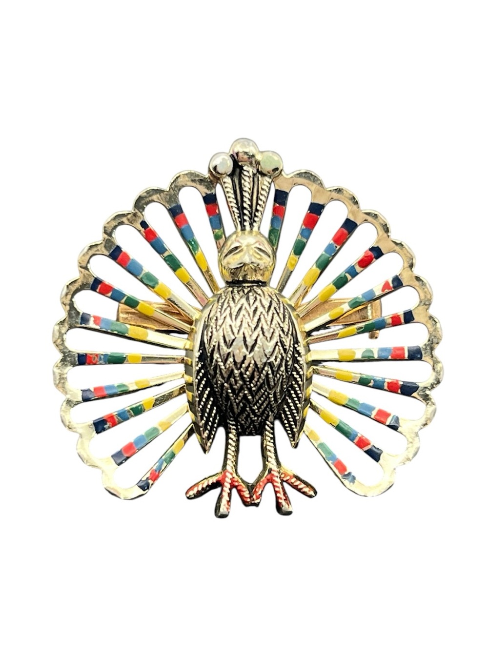 West Germany peacock bird multi colored enamel brooch pin vintage gold tone